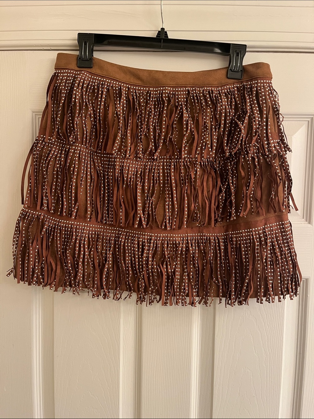 Francesca's Collections Brown Fringe Mini Skirt with Studded Trim